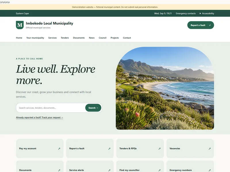 Garden Coast Municipality layout preview — fictional demo