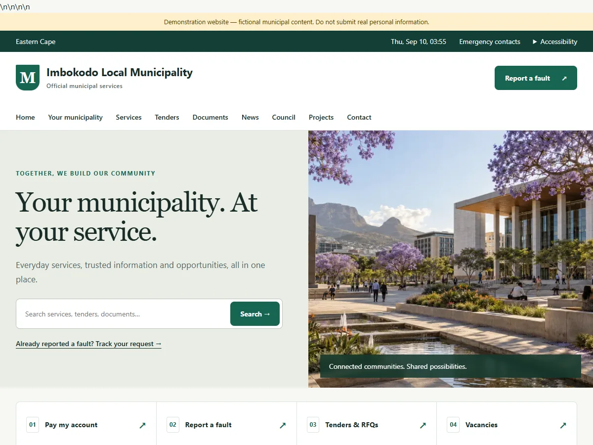 Imbokodo municipal website demonstration with service shortcuts and community information